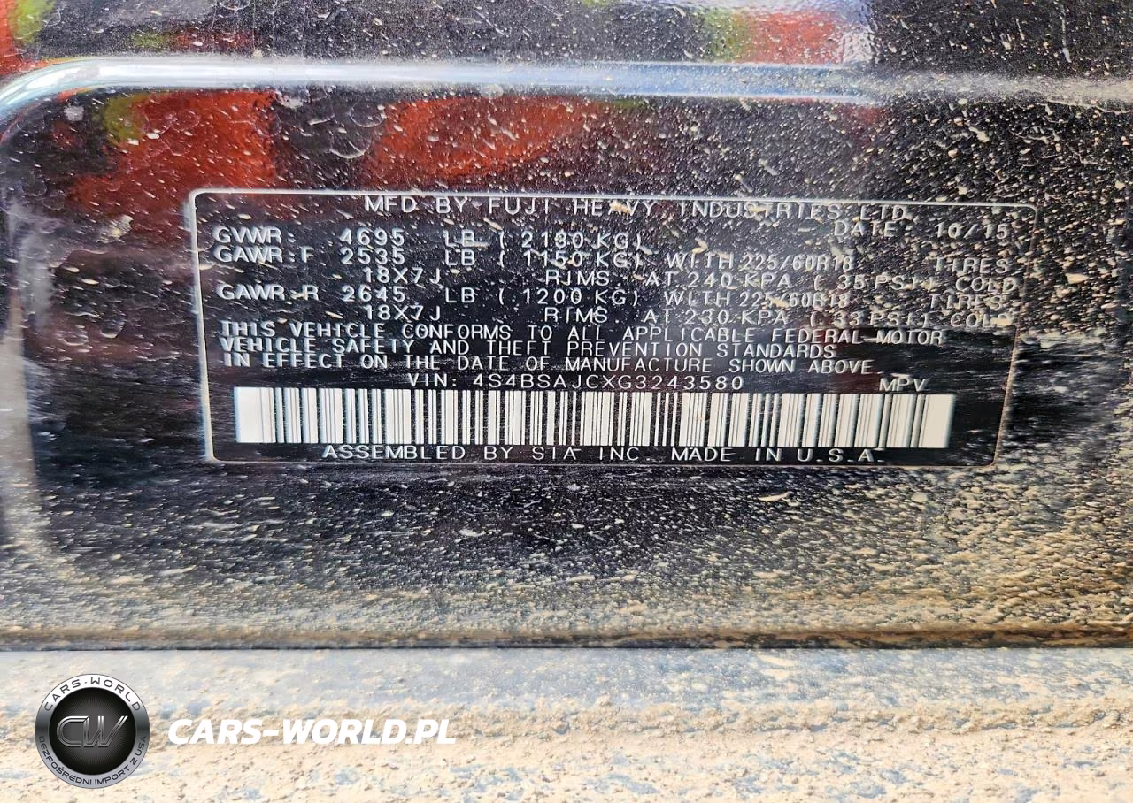 2016 Subaru Outback 2.5I Limited VIN:4S4BSAJCXG3243580 - 12