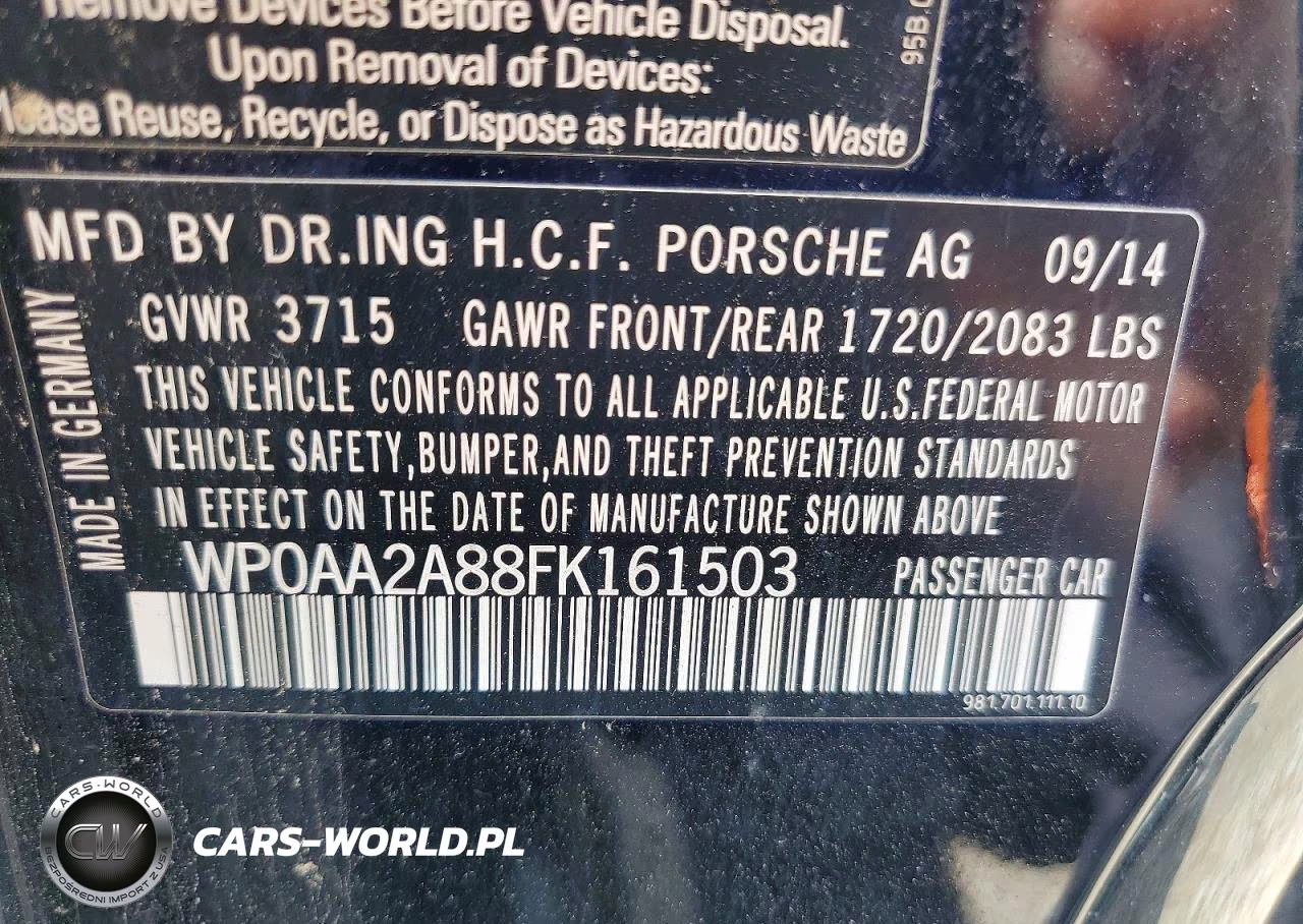 2015 Porsche Cayman VIN:WP0AA2A88FK161503 - 12