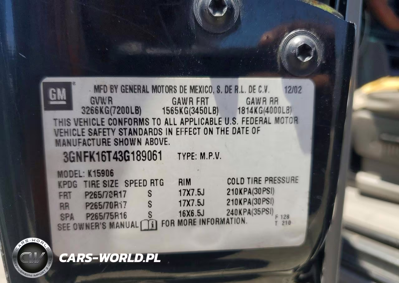 2003 Chevrolet Suburban K1500 VIN:3GNFK16T43G189061 - 12
