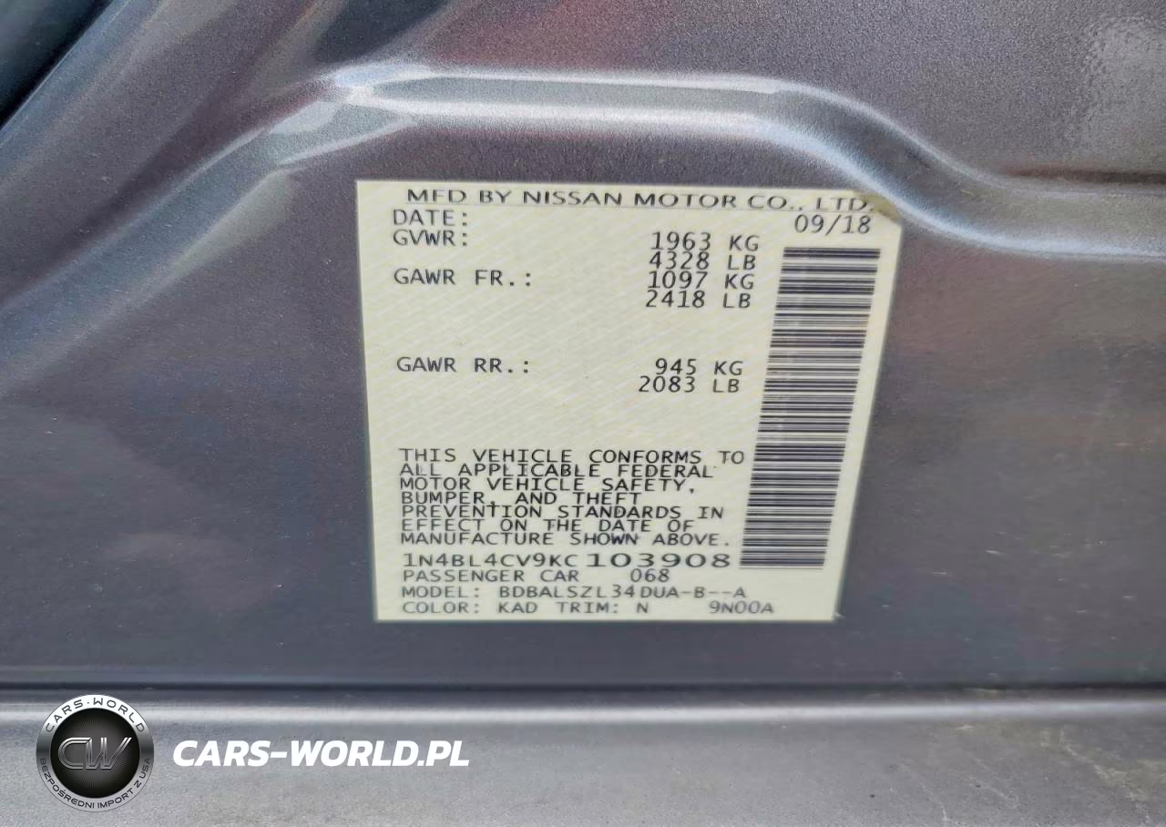 2019 Nissan Altima Sr VIN:1N4BL4CV9KC103908 - 12