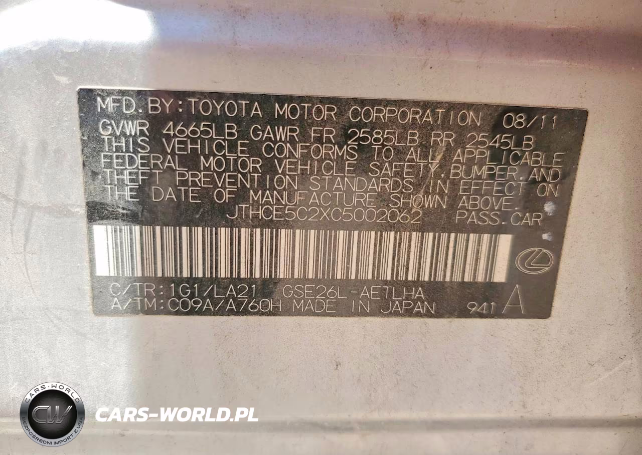 2012 Lexus Is 350 VIN:JTHCE5C2XC5002062 - 13