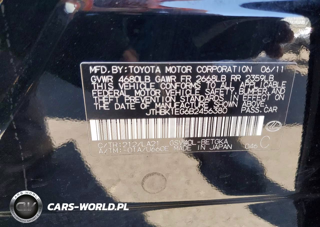 2011 Lexus Es 350 VIN:JTHBK1EG6B2456380 - 13
