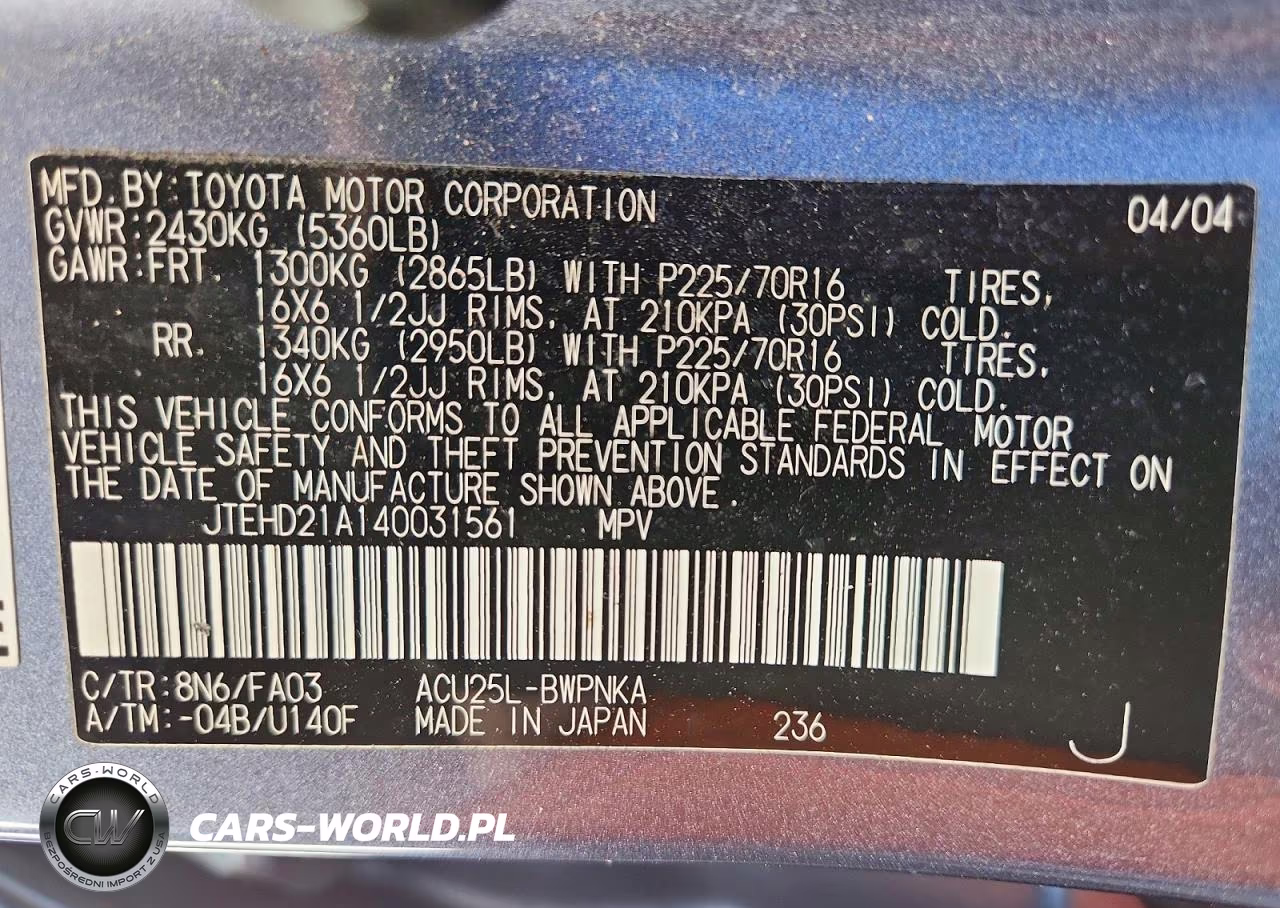 2004 Toyota Highlander Base VIN:JTEHD21A140031561 - 14