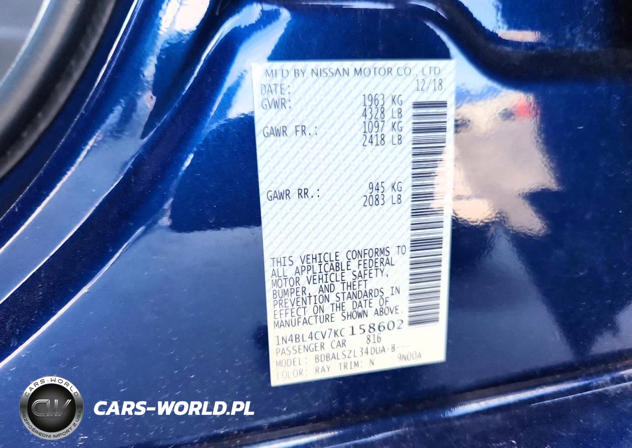 2019 Nissan Altima Sr VIN:1N4BL4CV7KC158602 - 12