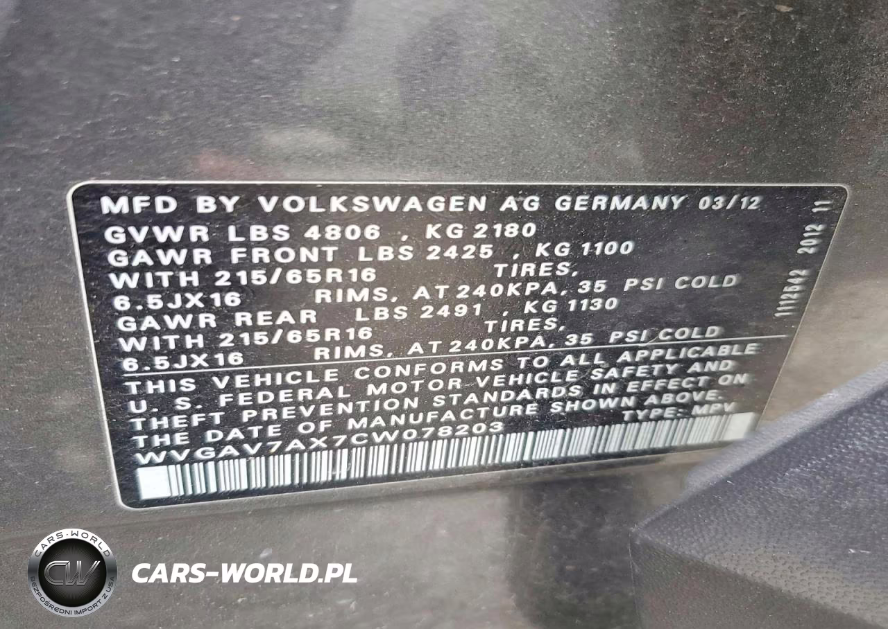 2012 VOLKSWAGEN TIGUAN S VIN:WVGAV7AX7CW078203 - 14