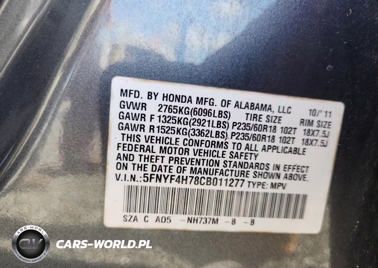 2012 Honda Pilot Exln VIN:5FNYF4H78CB011277 - 12