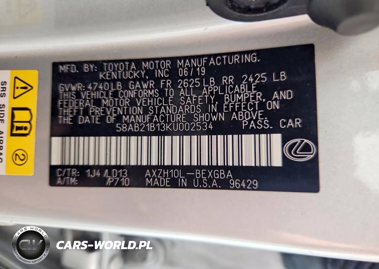 2019 Lexus Es 300H VIN:58AB21B13KU002534 - 13