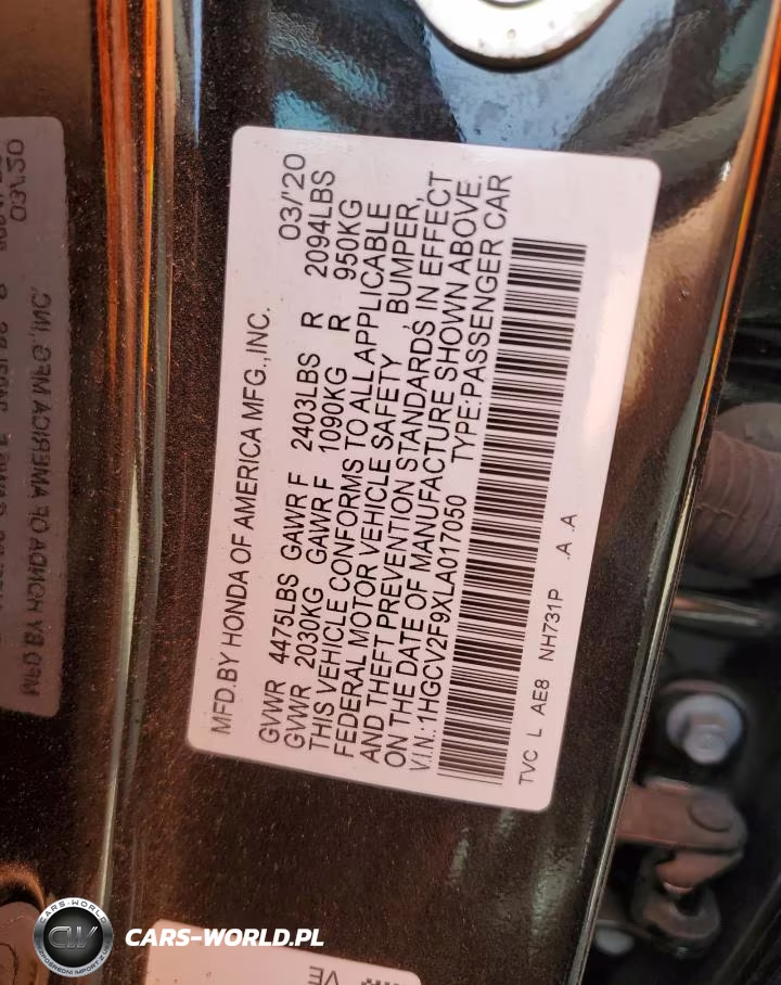 2020 Honda Accord Touring VIN:1HGCV2F9XLA017050 - 12