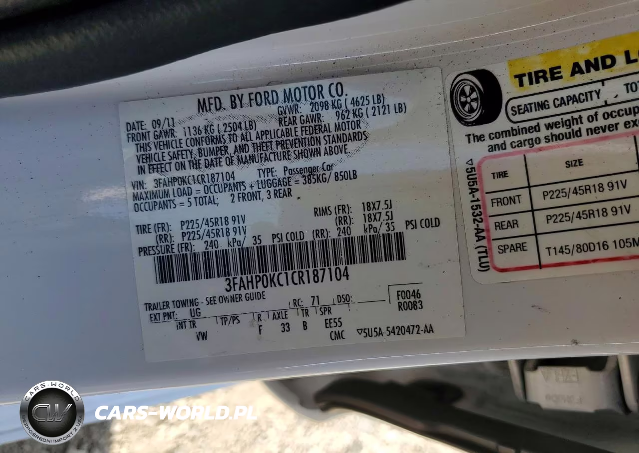 2012 Ford Fusion Sport VIN:3FAHP0KC1CR187104 - 13