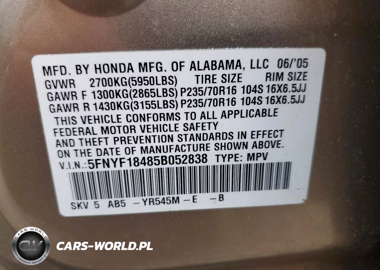 2005 Honda Pilot Ex VIN:5FNYF18485B052838 - 13