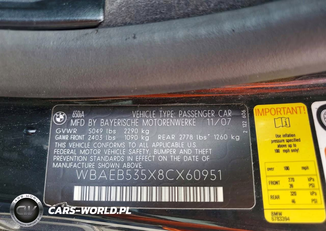 2008 BMW 650 I VIN:WBAEB535X8CX60951 - 12