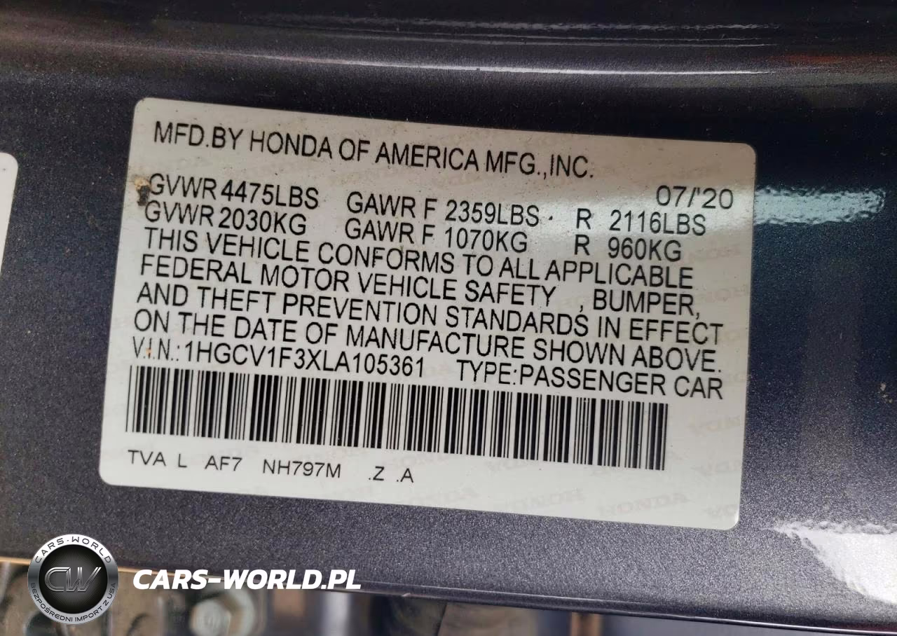 2020 Honda Accord Sport VIN:1HGCV1F3XLA105361 - 12