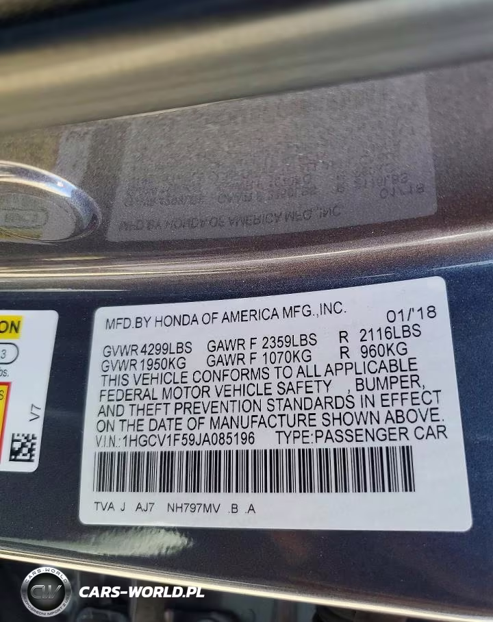 2018 Honda Accord Exl VIN:1HGCV1F59JA085196 - 12