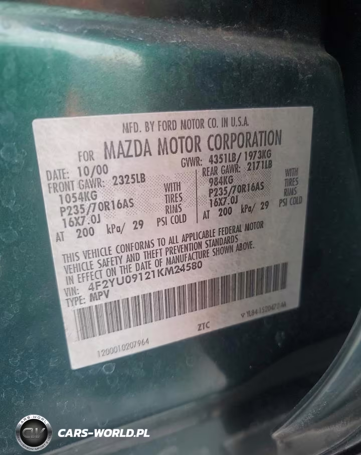 2001 Mazda Tribute Lx VIN:4F2YU09121KM24580 - 13
