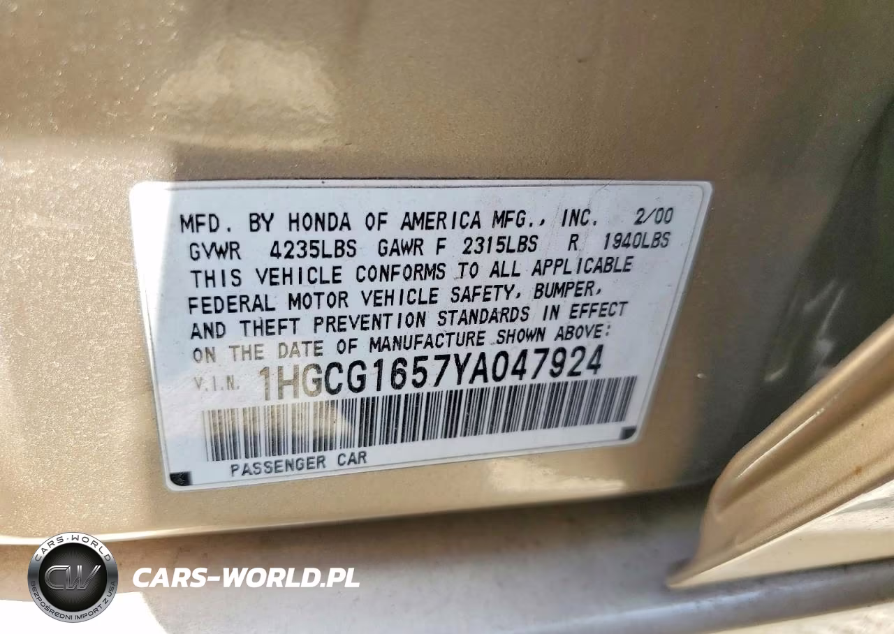 2000 Honda Accord Ex VIN:1HGCG1657YA047924 - 12