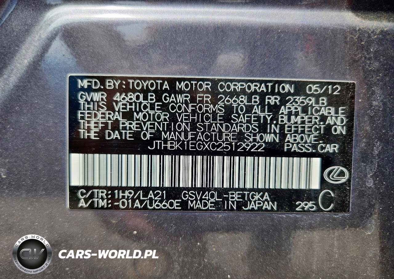 2012 Lexus Es 350 VIN:JTHBK1EGXC2512922 - 12