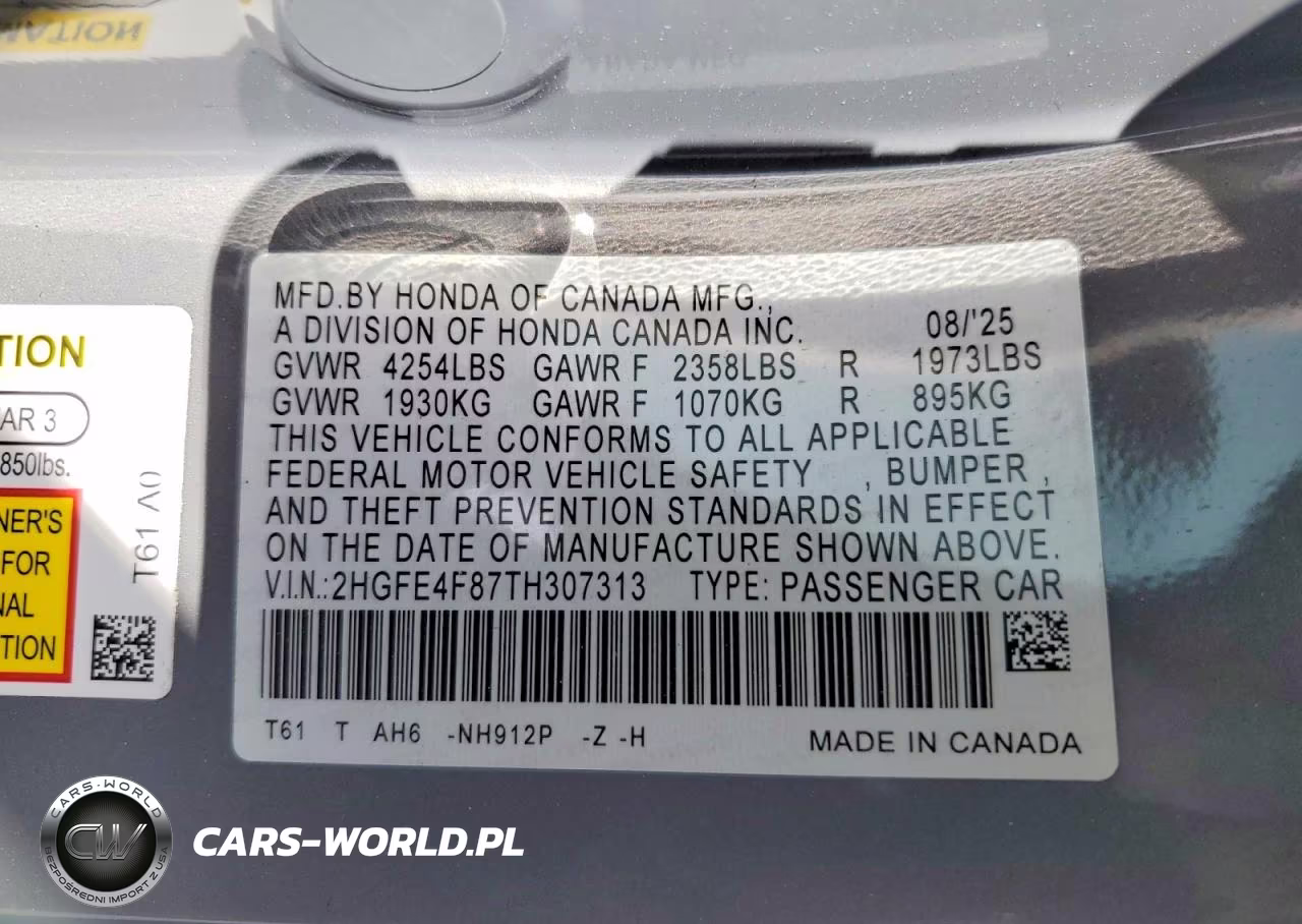 2026 Honda Civic Sport VIN:2HGFE4F87TH307313 - 12