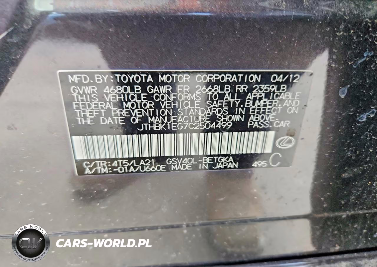 2012 Lexus Es 350 VIN:JTHBK1EG7C2504499 - 12