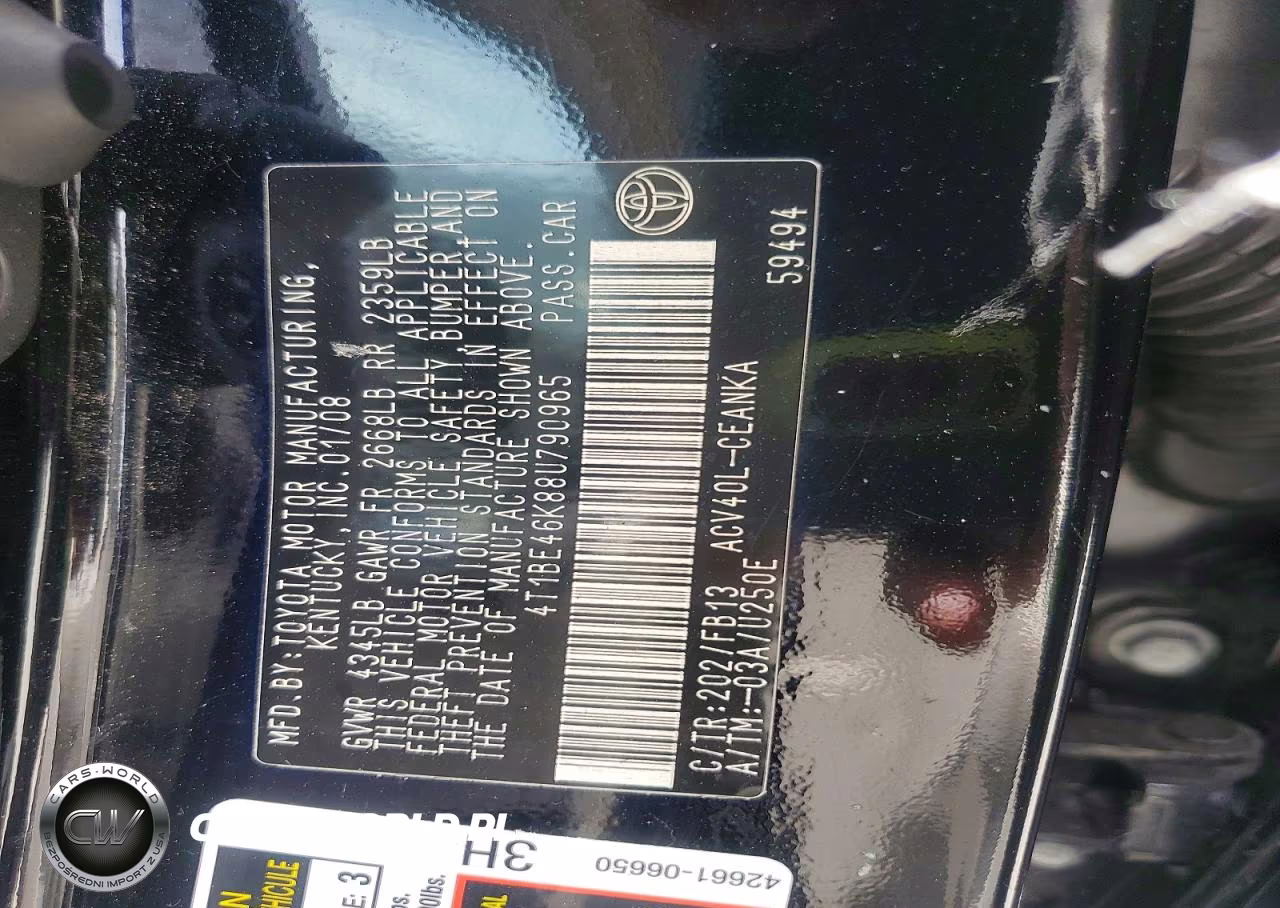 2008 Toyota Camry Le VIN:4T1BE46K88U790965 - 12