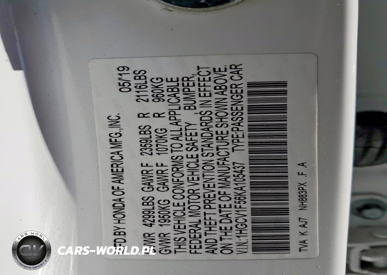 2019 Honda Accord Exl VIN:1HGCV1F56KA105437 - 12