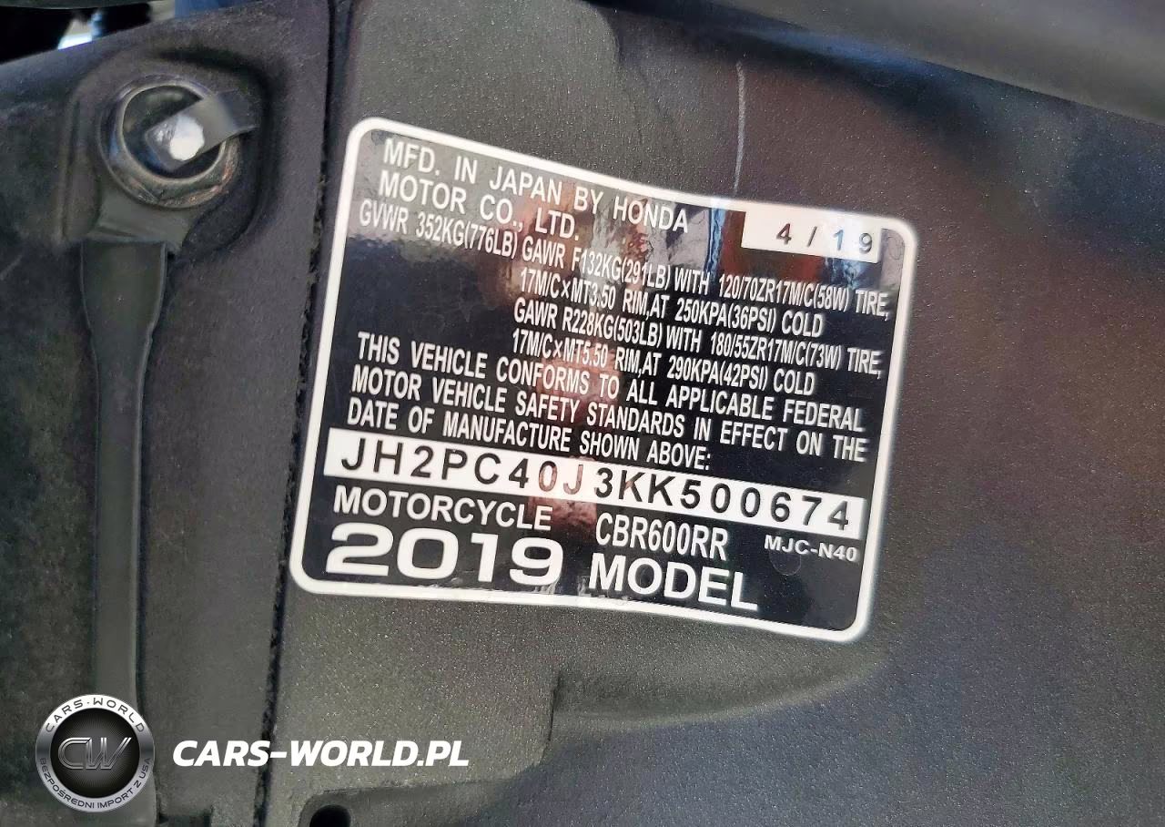 2019 Honda Cbr600 Rr VIN:JH2PC40J3KK500674 - 10