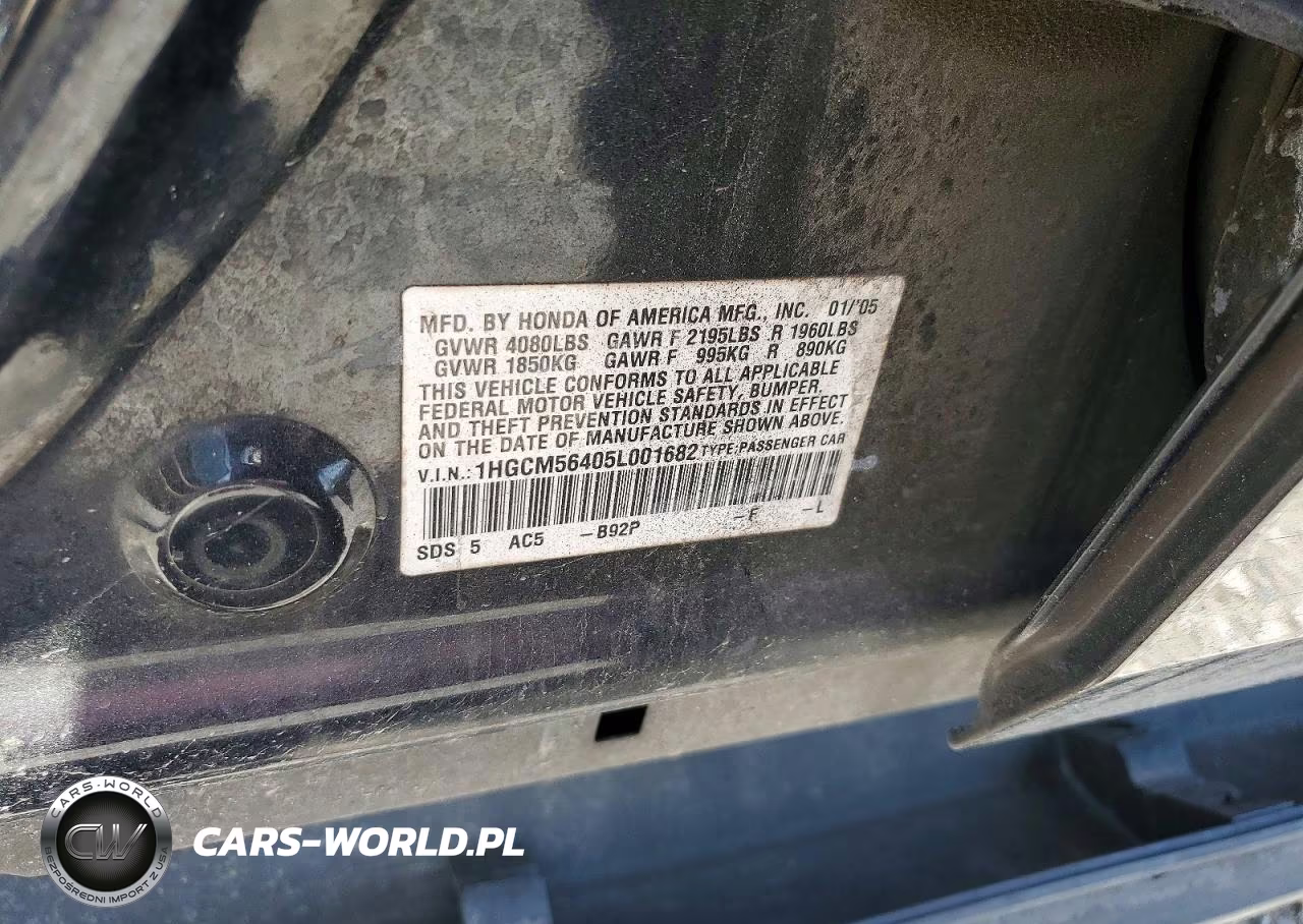 2005 Honda Accord Lx VIN:1HGCM56405L001682 - 12