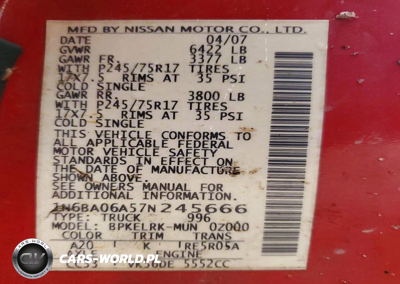 2007 Nissan Titan Xe Ffv VIN:1N6BA06A57N245666 - 12