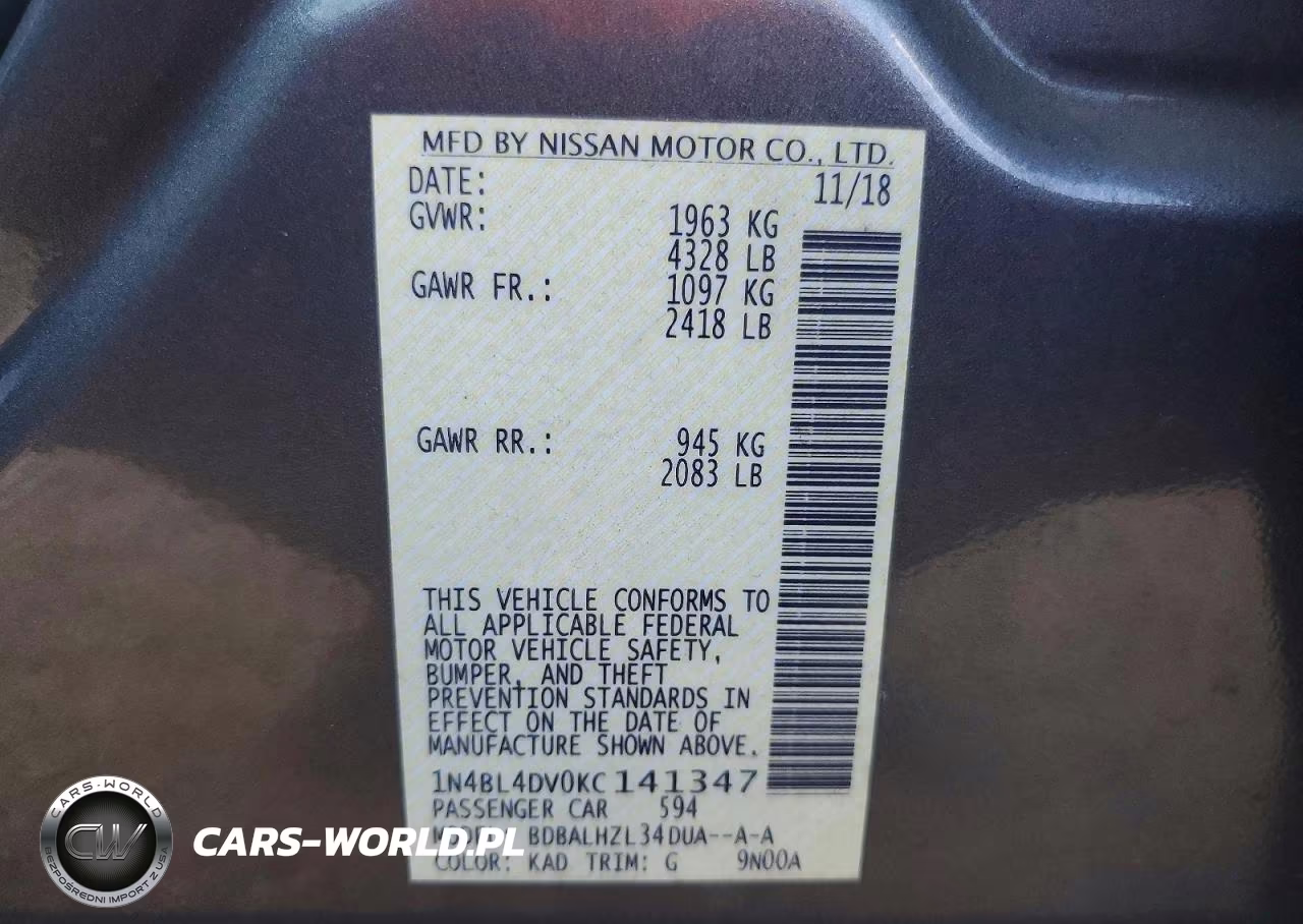 2019 Nissan Altima 2.5 Sv VIN:1N4BL4DV0KC141347 - 12