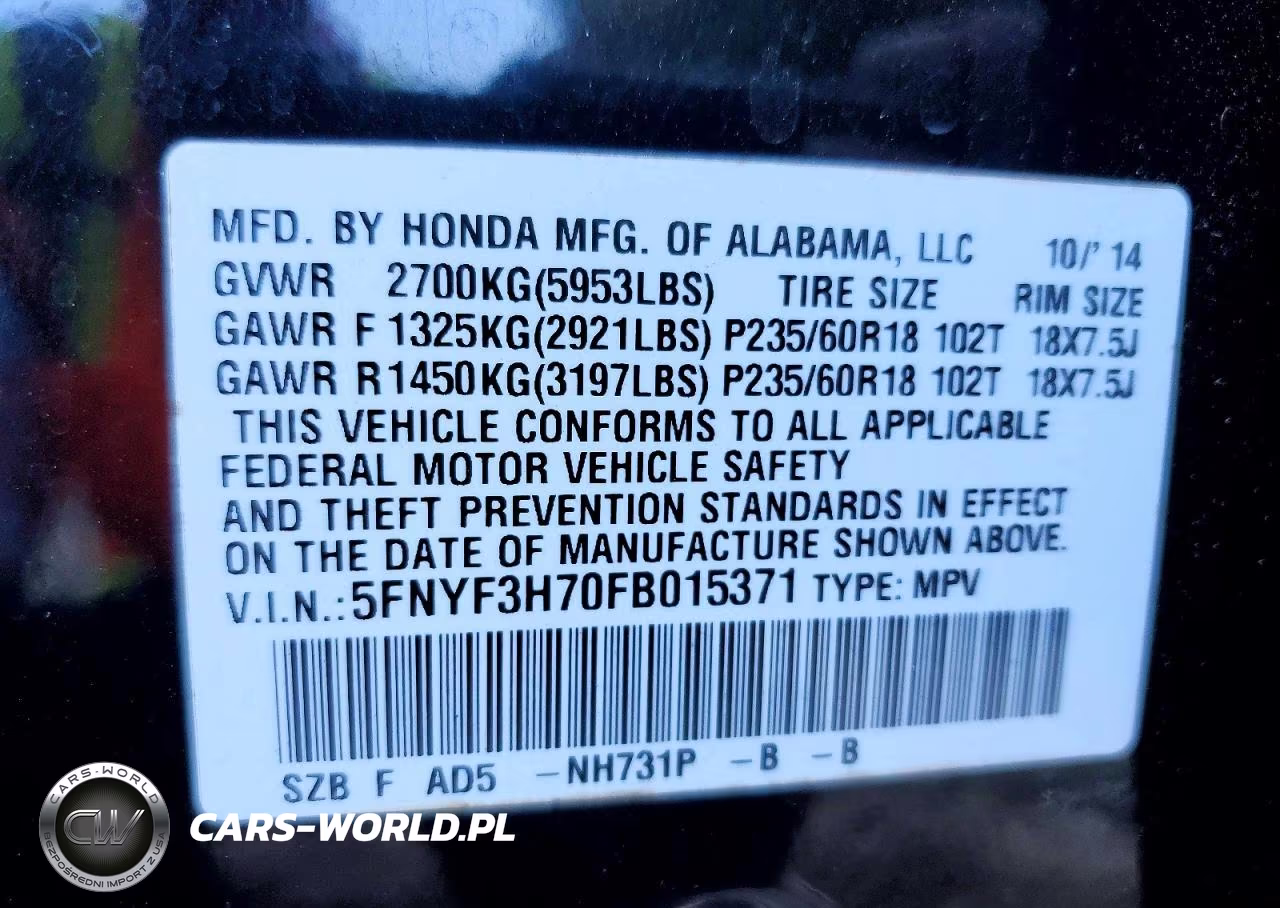 2015 Honda Pilot Exln VIN:5FNYF3H70FB015371 - 13