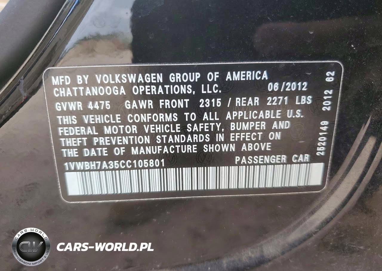 2012 Volkswagen Passat Se VIN:1VWBH7A35CC105801 - 12