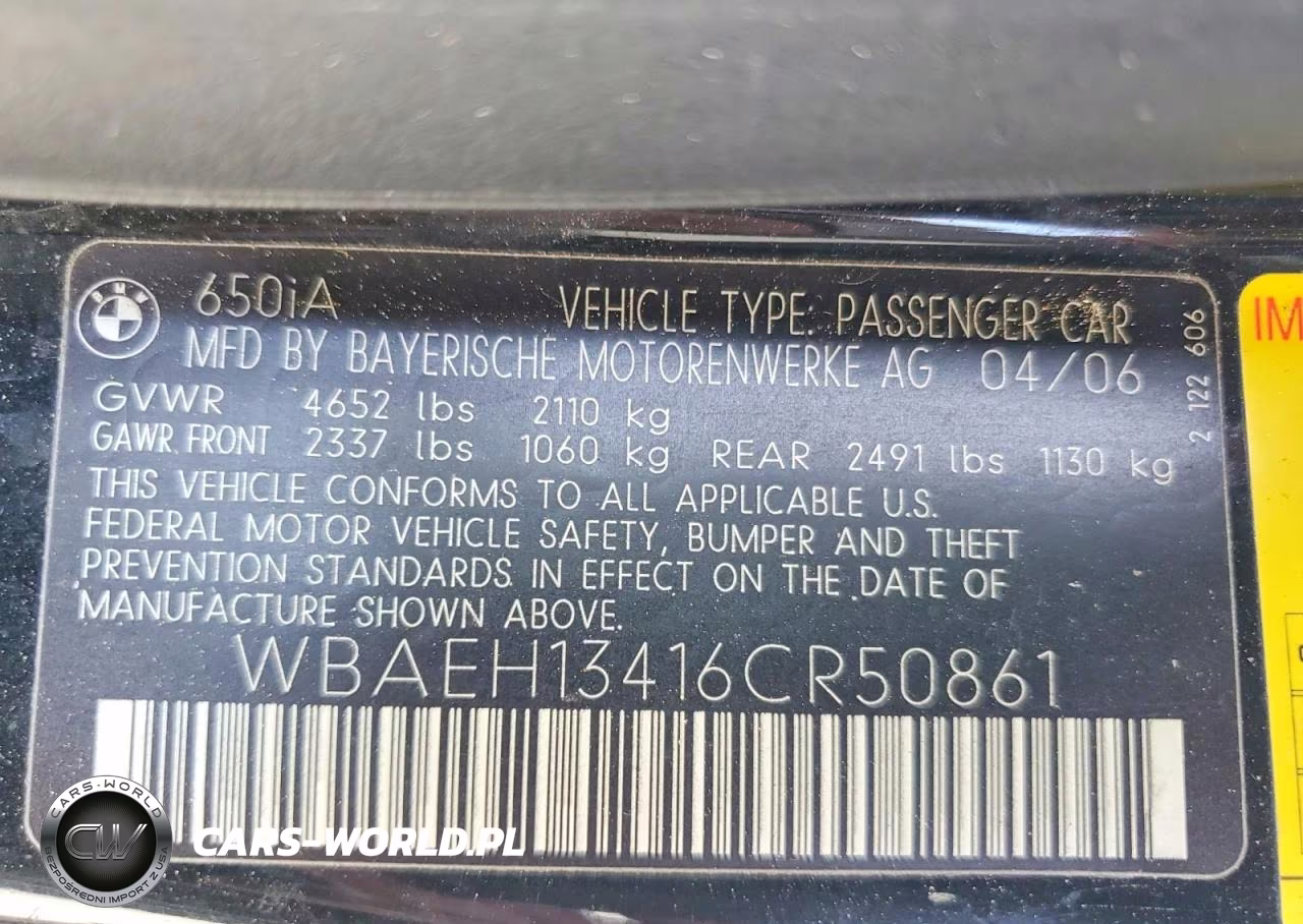 2006 BMW 650 I VIN:WBAEH13416CR50861 - 12