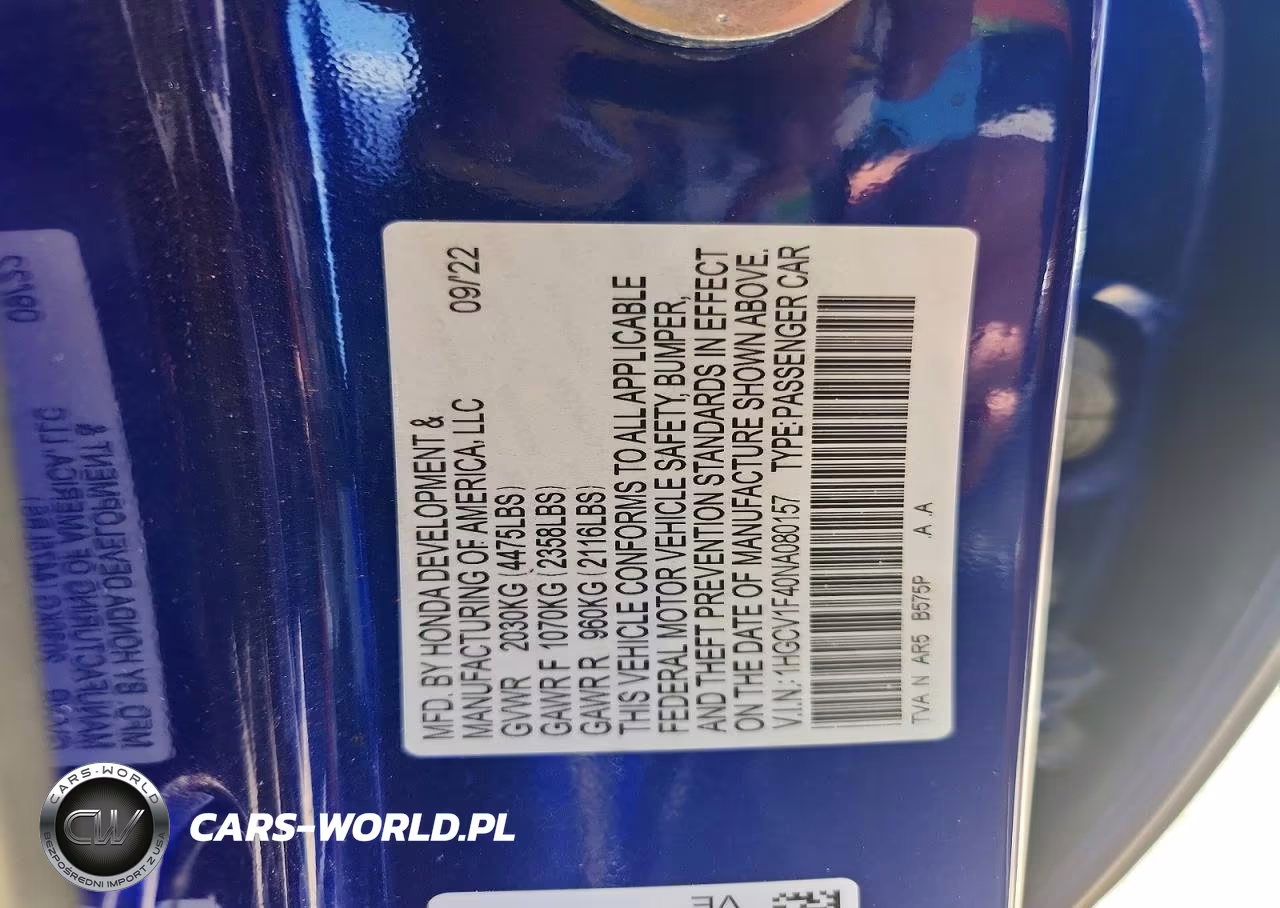 2022 Honda Accord Sport Se VIN:1HGCV1F40NA080157 - 12