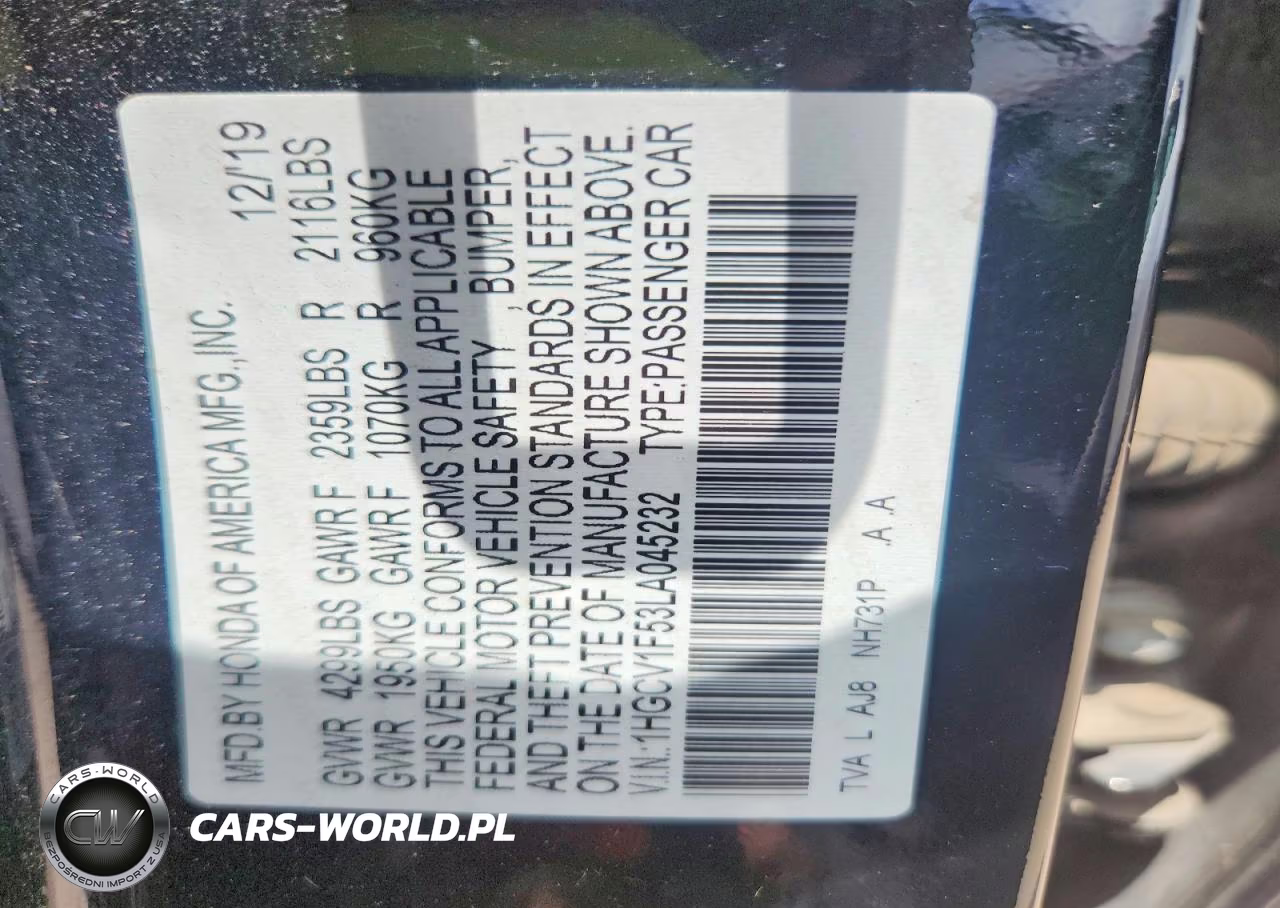 2020 Honda Accord Exl VIN:1HGCV1F53LA045232 - 12
