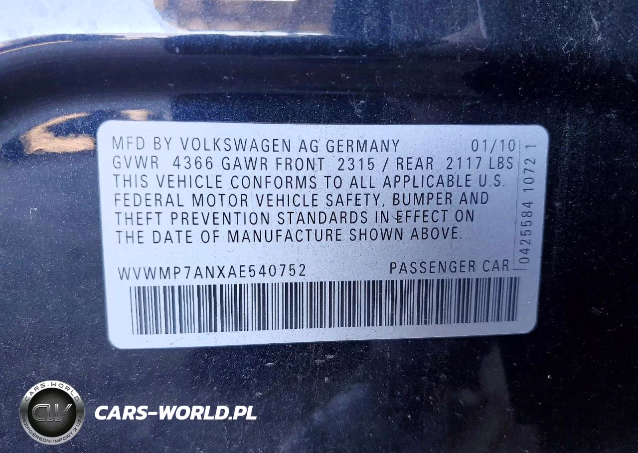 2010 Volkswagen Cc Sport VIN:WVWMP7ANXAE540752 - 12