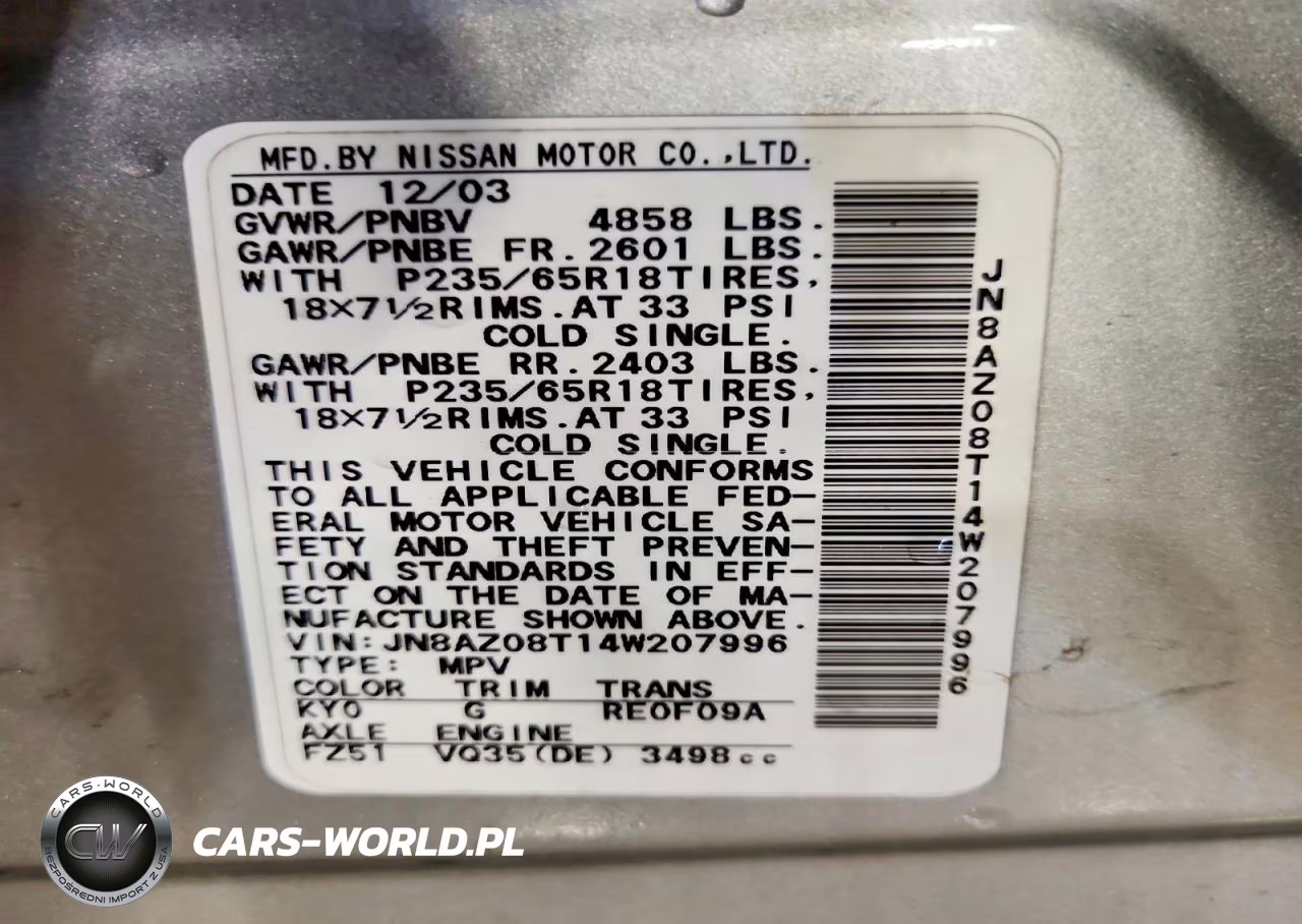 2004 Nissan Murano Sl VIN:JN8AZ08T14W207996 - 13