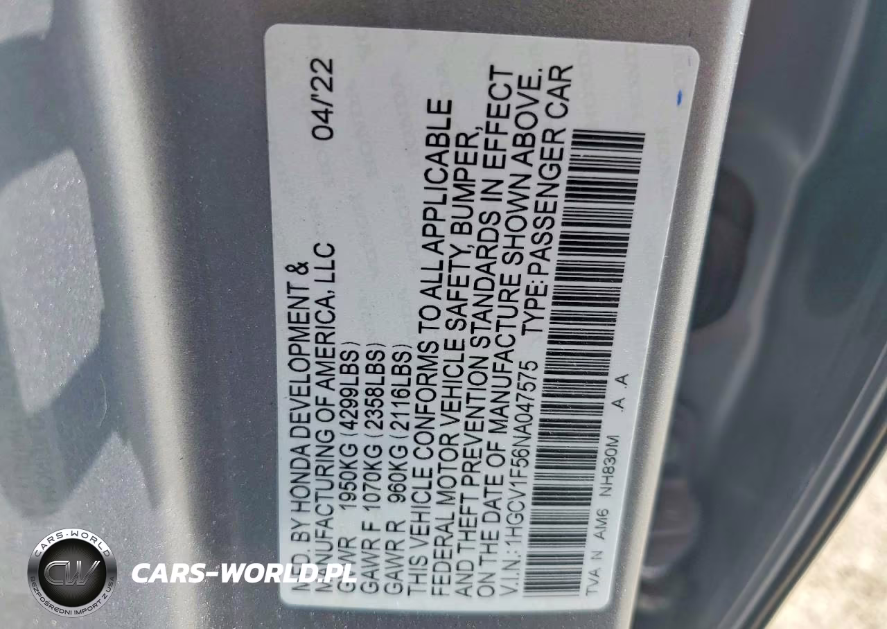 2022 Honda Accord Exl VIN:1HGCV1F56NA047575 - 12