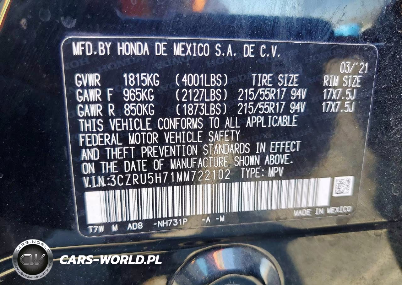 2021 Honda Hr-V Exl VIN:3CZRU5H71MM722102 - 13