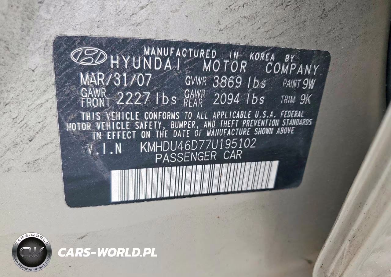 2007 Hyundai Elantra VIN:KMHDU46D77U195102 - 12