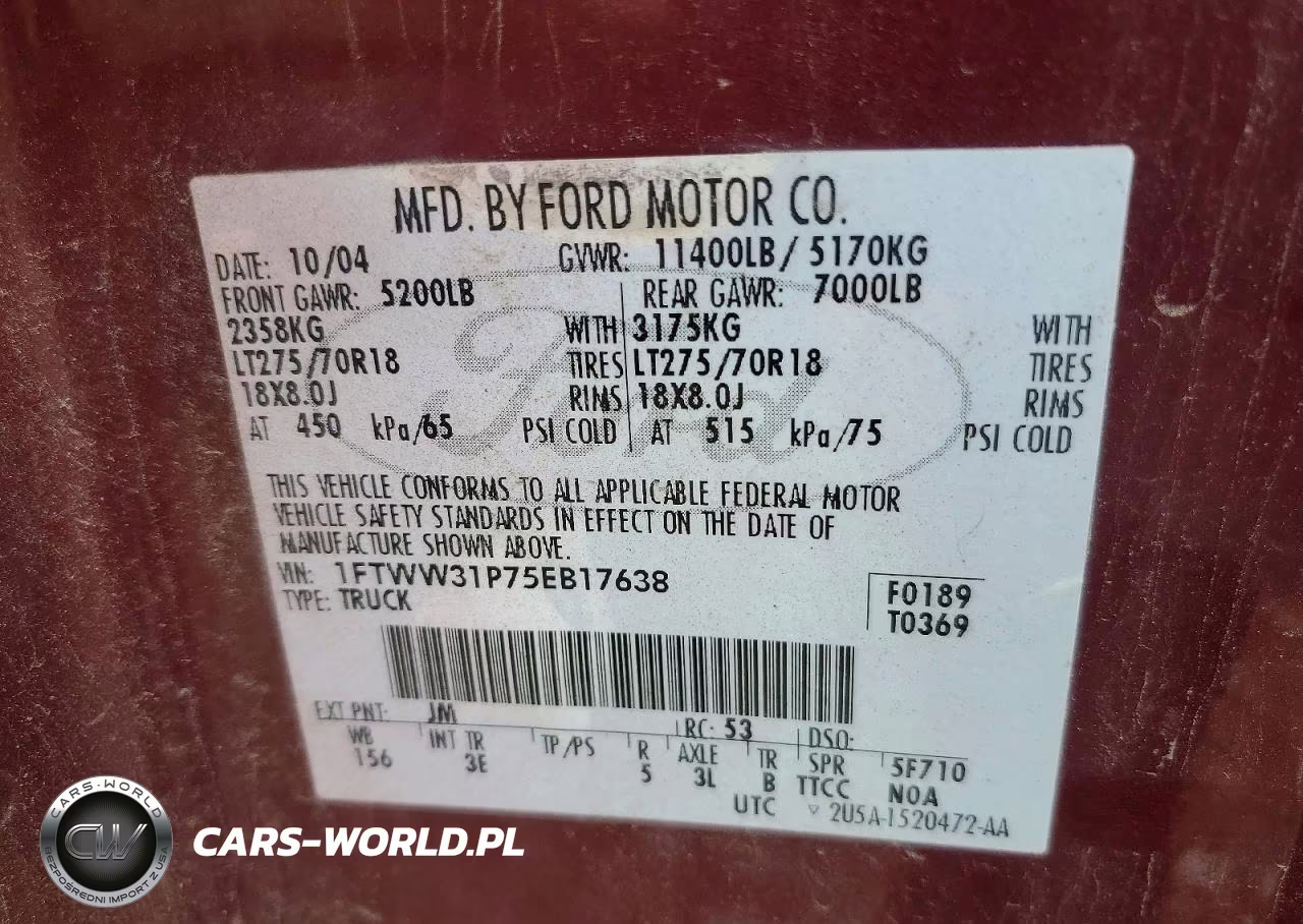 2005 Ford F350 Srw Super Duty VIN:1FTWW31P75EB17638 - 10