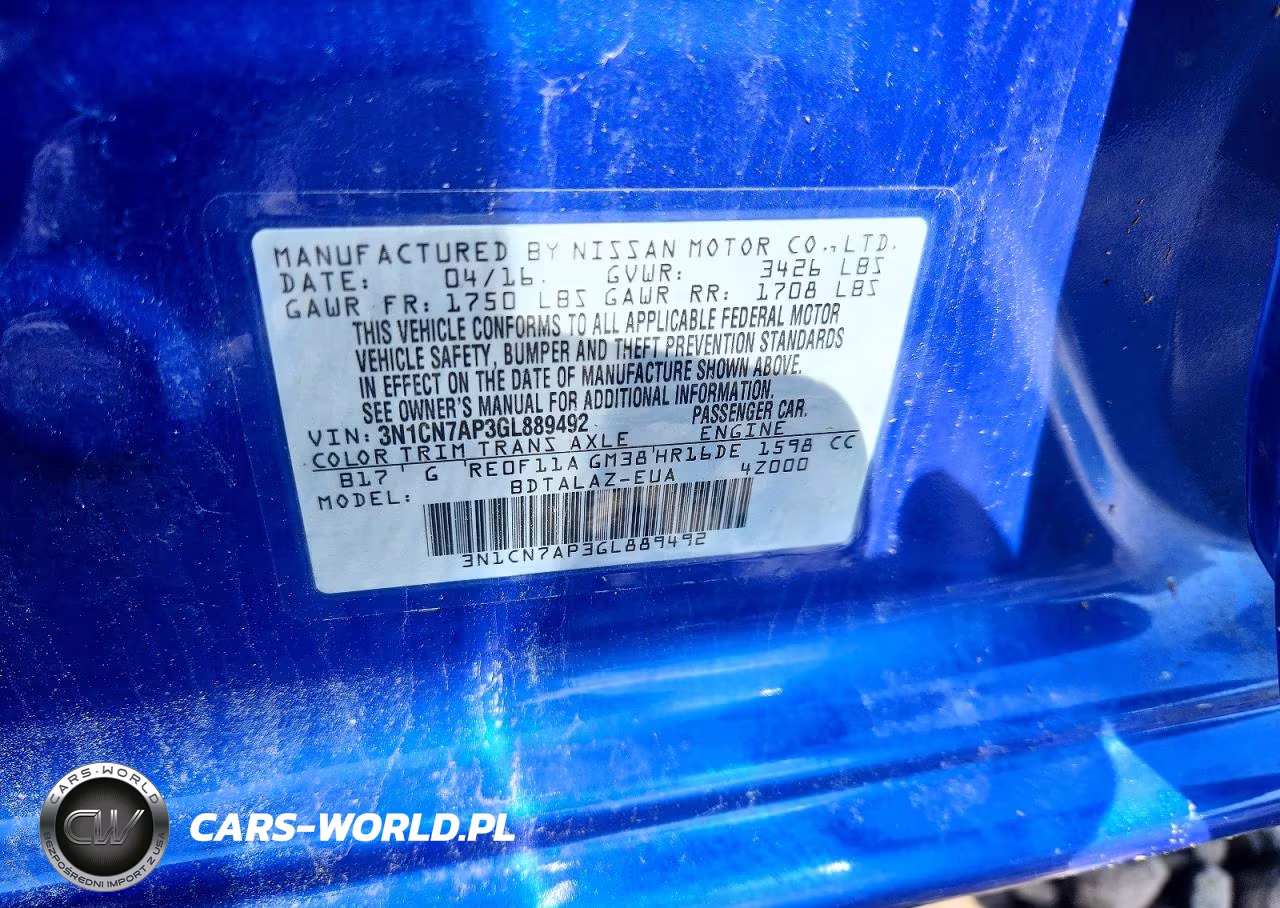 2016 Nissan Versa 1.6 S Plus VIN:3N1CN7AP3GL889492 - 12