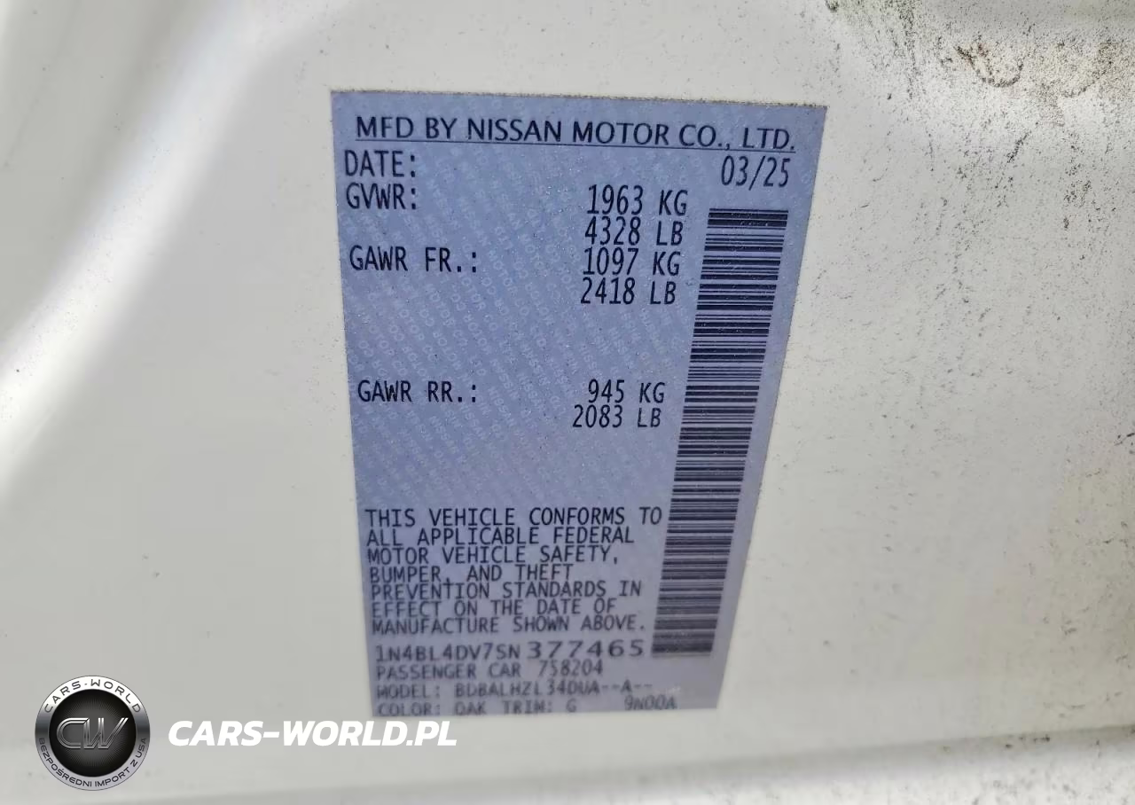 2025 Nissan Altima Sv VIN:1N4BL4DV7SN377465 - 12