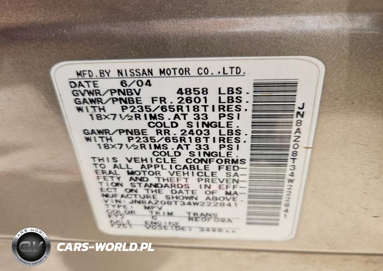 2004 Nissan Murano Sl VIN:JN8AZ08T34W222841 - 13