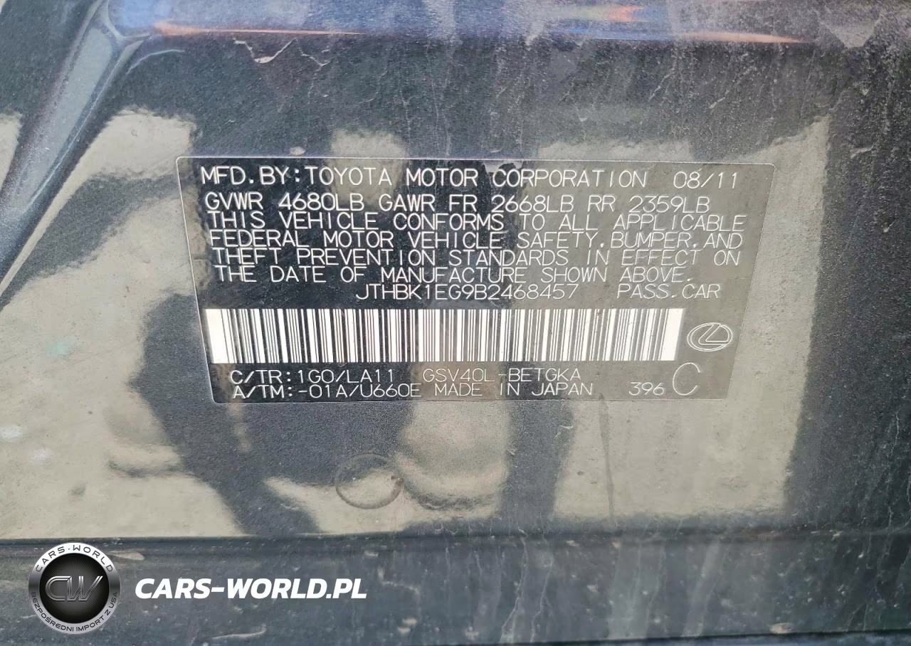 2011 Lexus Es 350 VIN:JTHBK1EG9B2468457 - 12