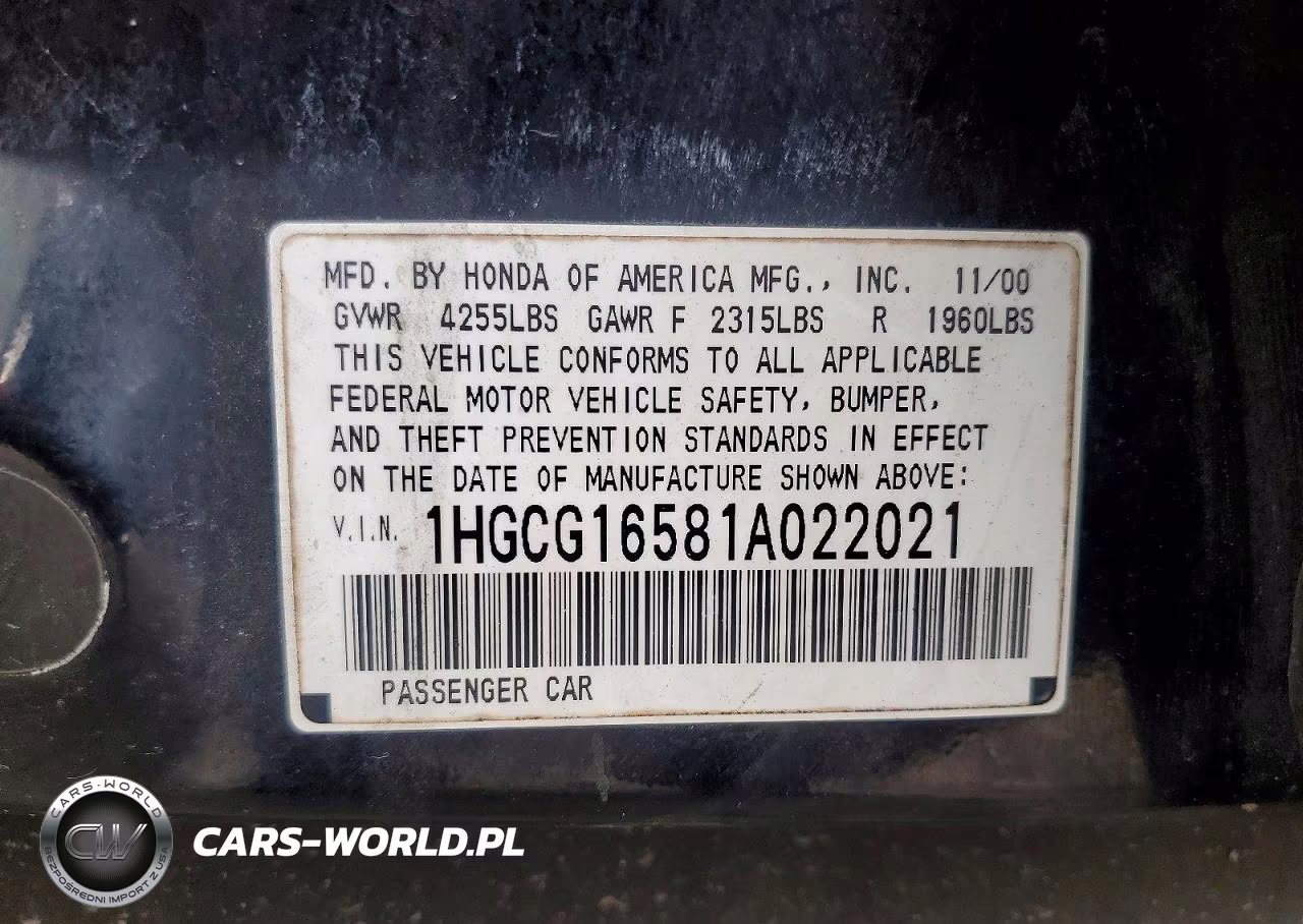 2001 Honda Accord Ex VIN:1HGCG16581A022021 - 13
