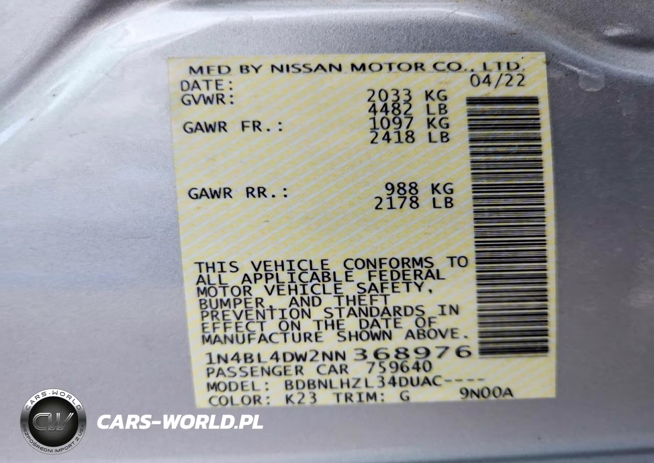 2022 Nissan Altima Sv VIN:1N4BL4DW2NN368976 - 13