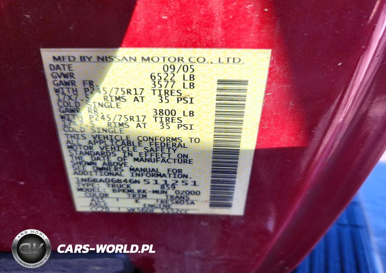 2006 Nissan Titan Xe Ffv VIN:1N6BA06B46N511251 - 12