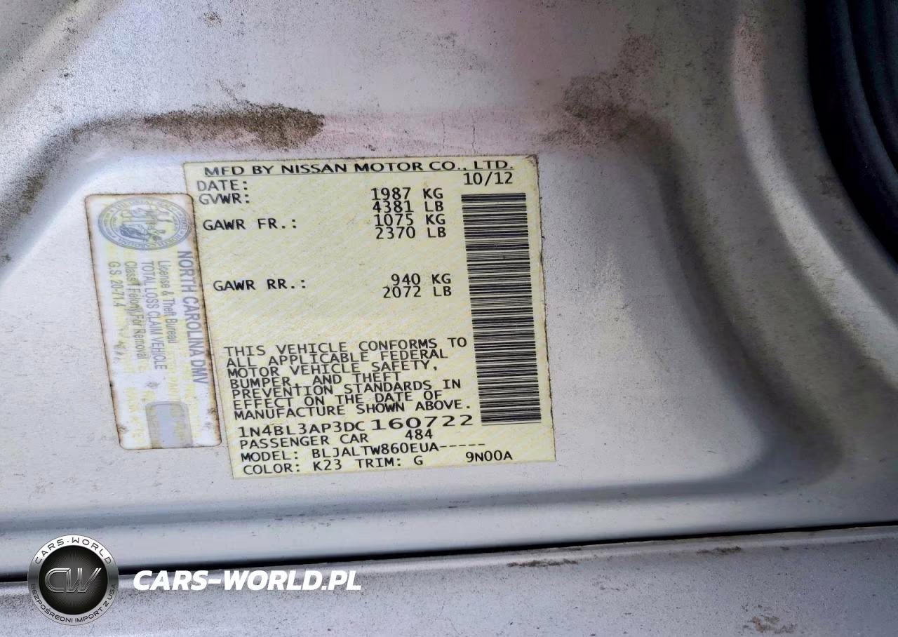 2013 Nissan Altima 3.5 S VIN:1N4BL3AP3DC160722 - 12