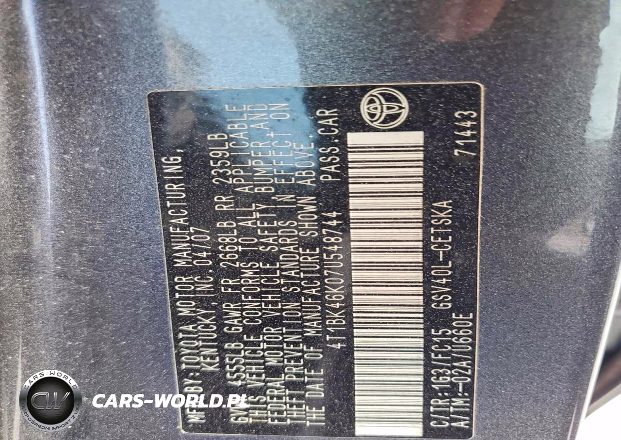 2007 Toyota Camry Se V6 VIN:4T1BK46K07U548744 - 12
