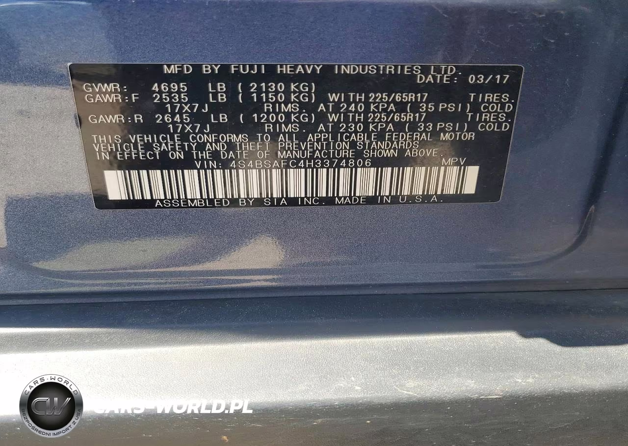 2017 Subaru Outback 2.5I Premium VIN:4S4BSAFC4H3374806 - 13