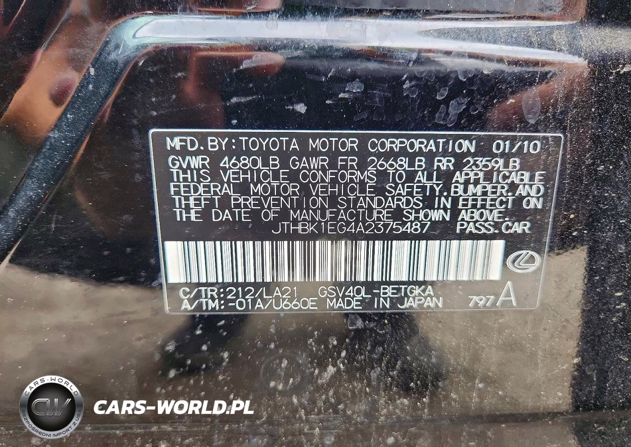 2010 Lexus Es 350 VIN:JTHBK1EG4A2375487 - 12